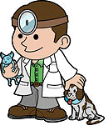 Opis: Clipart Illustration Of A Friendly Male Veterinarian Petting A Dog And Holding A Cat During A Yearly Exam by Geo Images